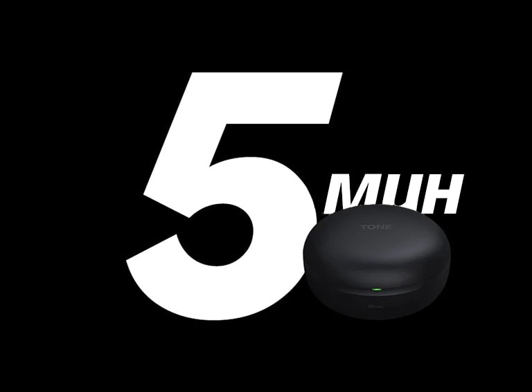 Изображение наушников TONE Free во время зарядки перед текстом «5 минут».