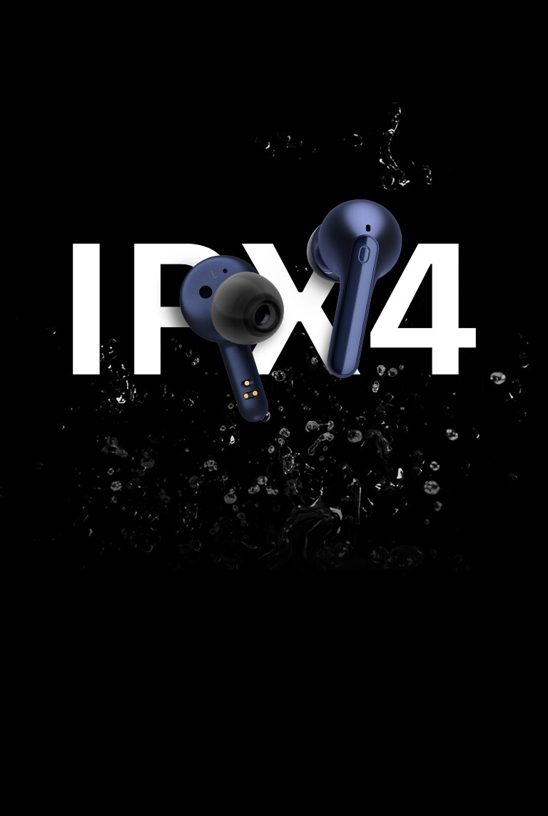 An image of earbuds with water droplets on top of the word IPX4.