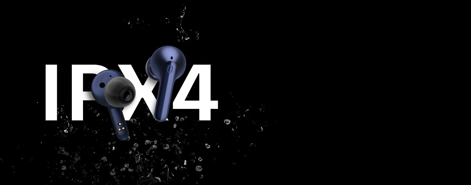 An image of earbuds with water droplets on top of the word IPX4.