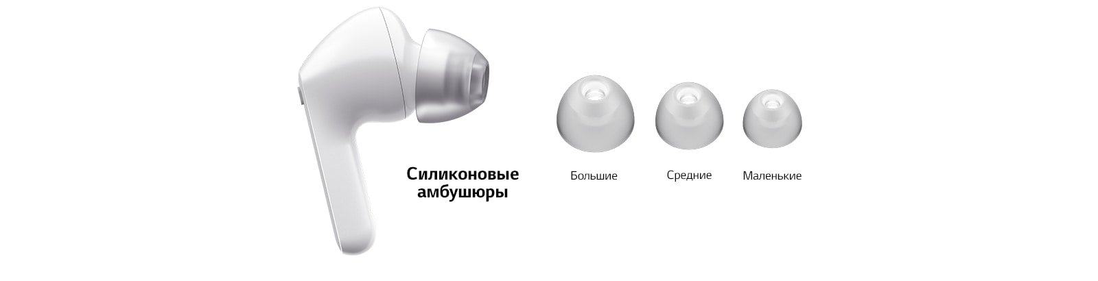 Изображение белых наушников с комплектом из трех вкладышей: больших, средних и маленьких.
