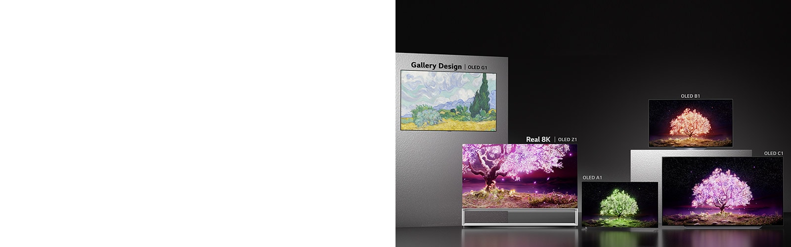 Телевизоры Gallery Design OLED G1, Real 8K OLED Z1, OLED A1, OLED B1 и OLED C1, расположенные на темном фоне.