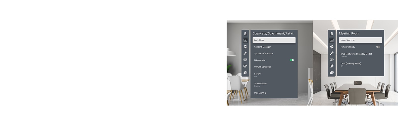 Most frequently used menus are categorized per industry on the left as “Corporate / Government / Retail” and on the right as the “Meeting Room”.