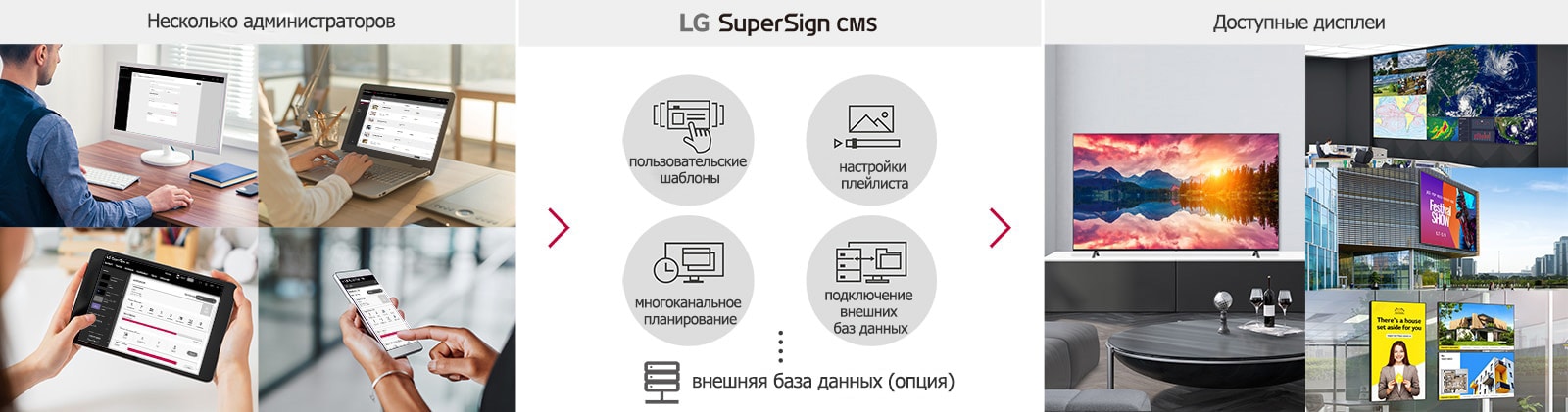 Несколько администраторов могут использовать CMS LG SuperSign с ПК, ноутбука, планшета и мобильных устройств для создания, настройки и распределения цифрового контента, подготовленного для разных дисплеев.