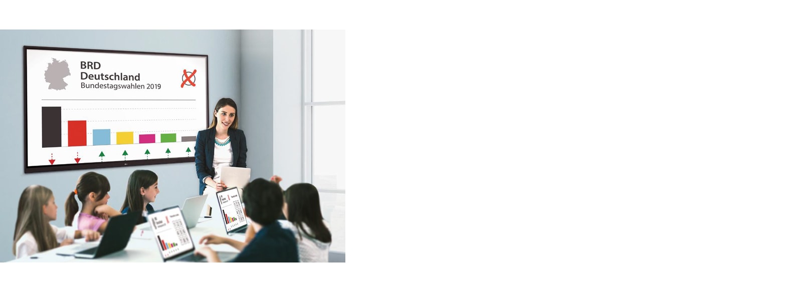 Учитель ведет урок, а экран дисплея при этом отображается на ноутбуке каждого ученика.