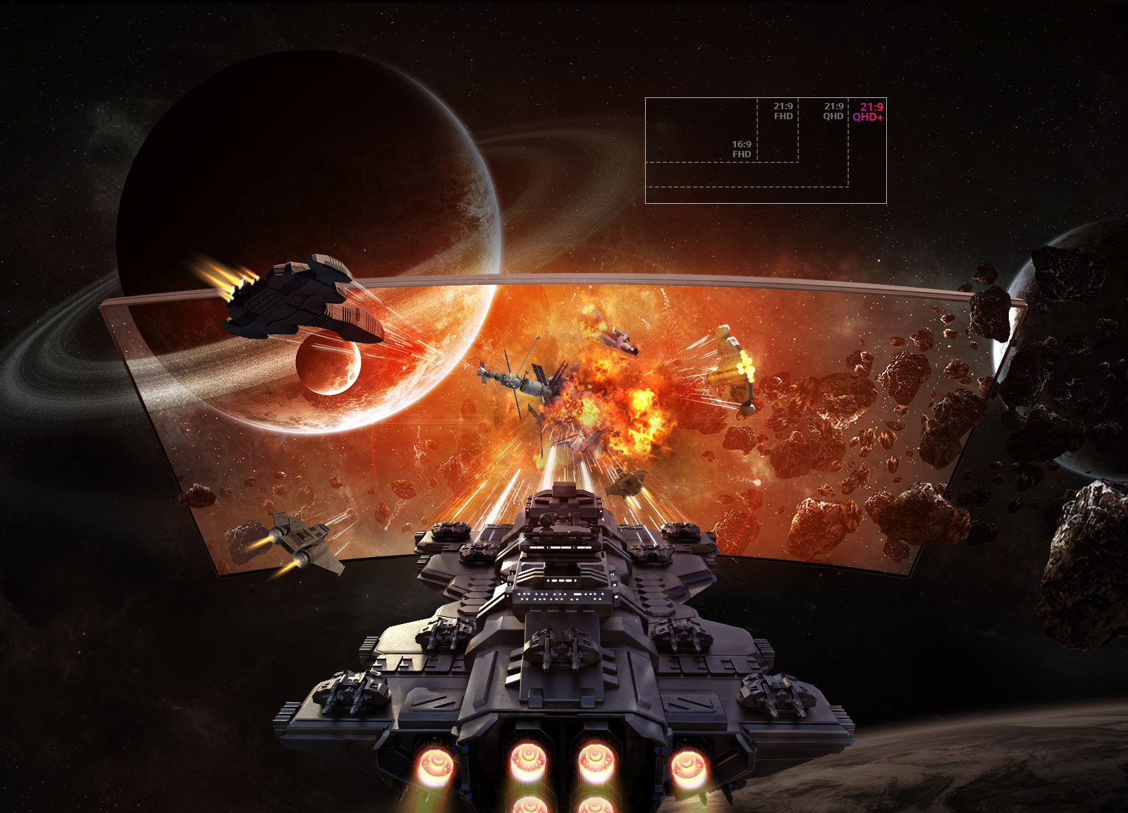 " 37,5 ""UltraWide ™ QHD + Изогнутый экран и обеспечивает сравнение разрешения 16: 9 FHD, 21: 9 FHD, 21: 9 QHD и 21: 9 QHD +"