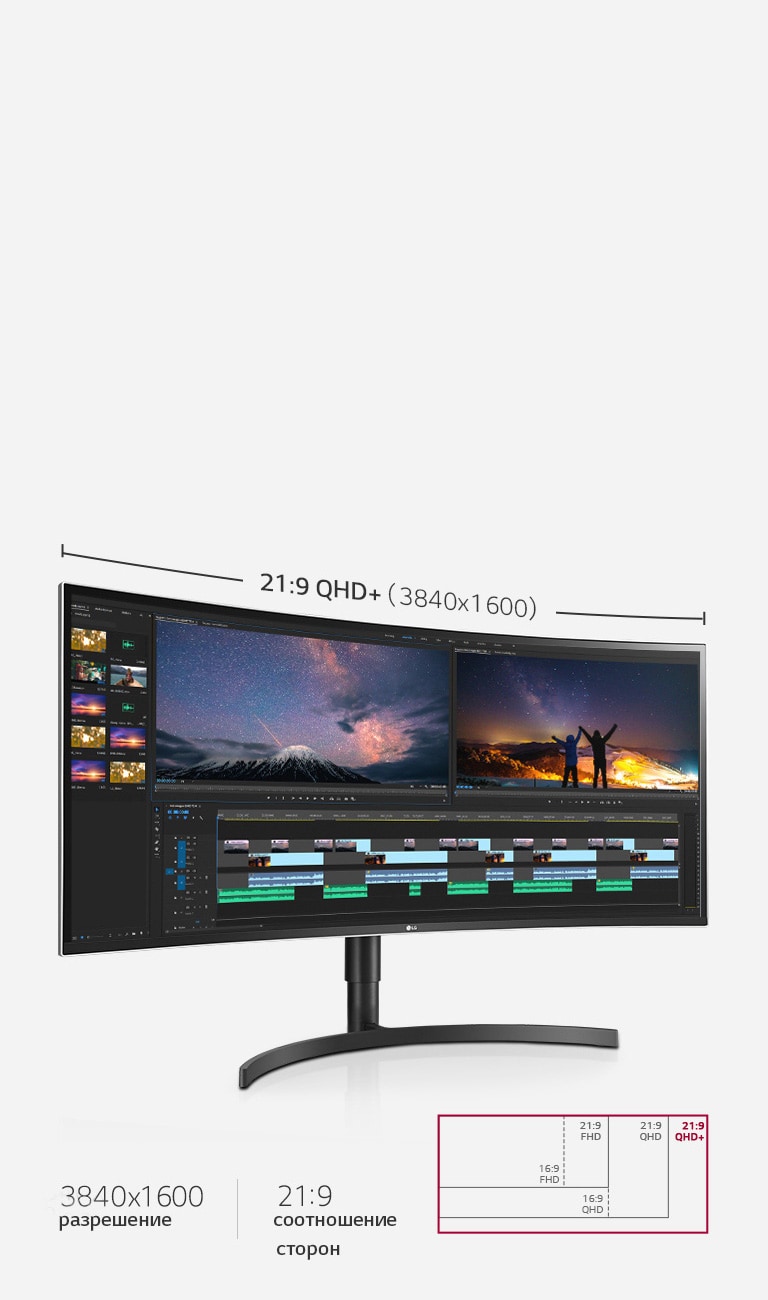 21:9 QHD+ дисплей (3840x1600) обеспечивает в 3 раза более широкий экран, чем 16: 9 Full HD (1920x1080)