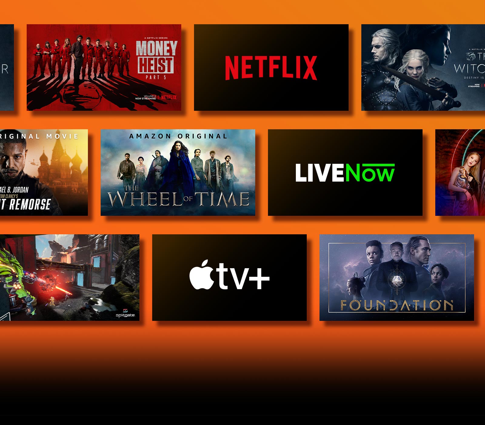 Показаны логотипы стриминговых сервисов с их фильмами справа от каждого логотипа. Логотип Netflix + «Бумажный дом» и «Ведьмак». Логотип Prime Video + «Без жалости» и «Колесо времени». Логотип Livenow + изображение тизера mamamoo + изображение тизера OneUs. Логотип NVIDIA Geforce Now и изображения геймплея Cyberpunk 2077 и Splitgate. Логотип Apple TV plus + «Основание» и «Финч». 