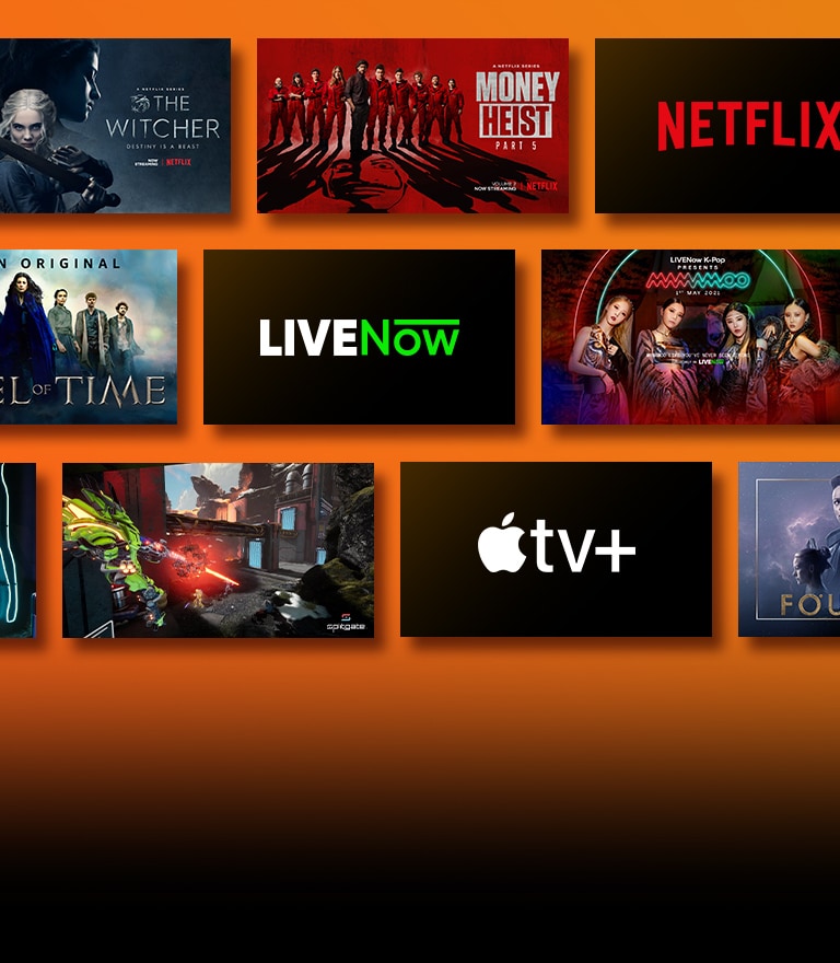 Показаны логотипы стриминговых сервисов с их фильмами справа от каждого логотипа. Логотип Netflix + «Бумажный дом» и «Ведьмак». Логотип Prime Video + «Без жалости» и «Колесо времени». Логотип Livenow + изображение тизера mamamoo + изображение тизера OneUs. Логотип NVIDIA Geforce Now и изображения геймплея Cyberpunk 2077 и Splitgate. Логотип Apple TV plus + «Основание» и «Финч». 