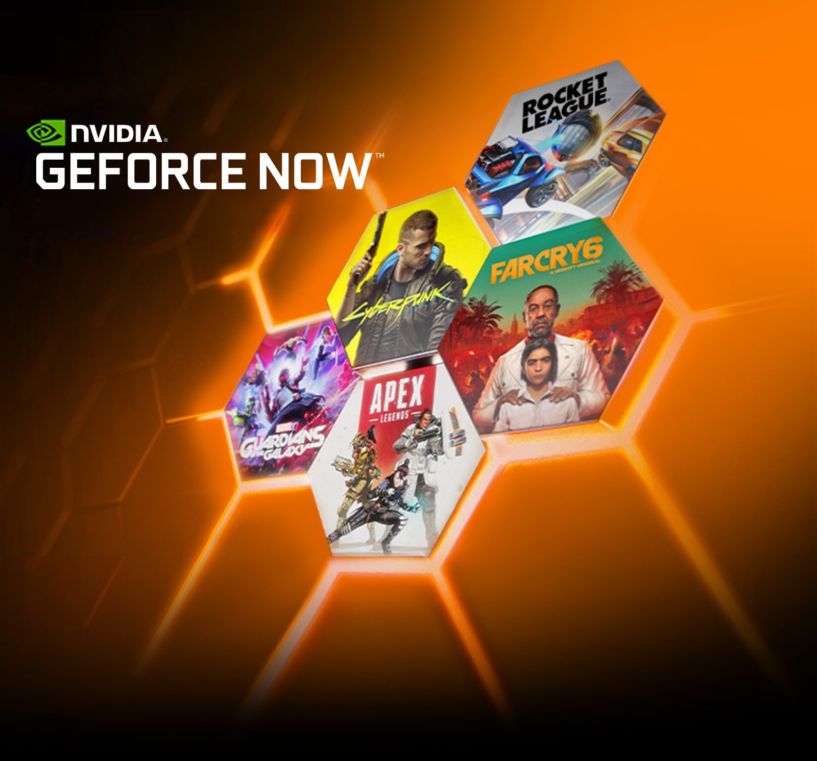 Показано несколько миниатюрных изображений игр NVIDIA GEFORCE NOW, включая Rockey League, Farcry 6, Apex legends и т. д. В левом верхнем углу расположен логотип NVIDIA Geforce NOW. 