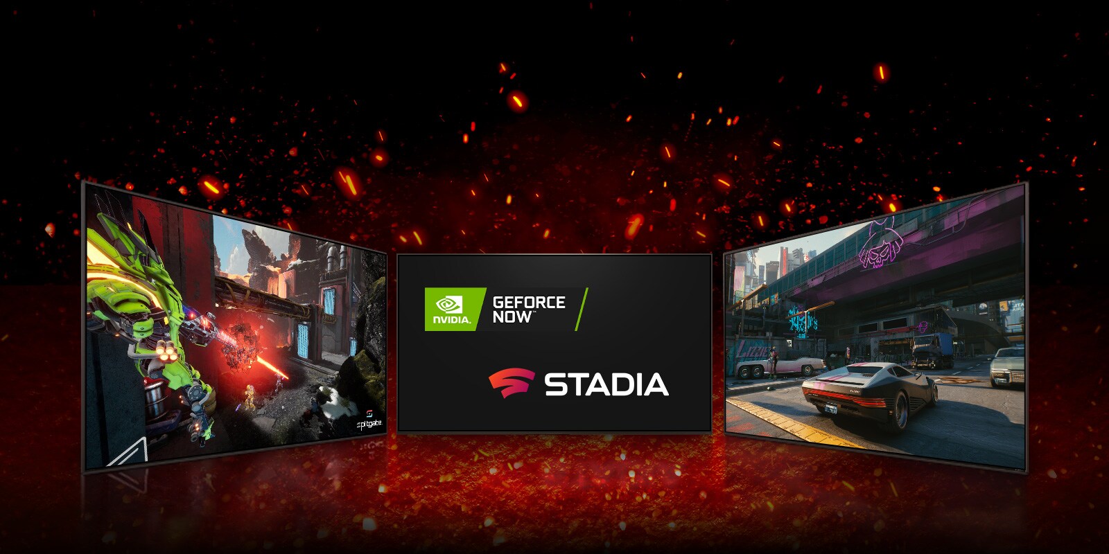 Три телевизора: один посередине, обращенный вперед, с логотипом NVIDIA GEFORCE NOW и логотипом Stadia на экране. На экране телевизора слева показан игровой процесс Splitgate, а на экране телевизора справа - игровой процесс Cyberpunk 2077.