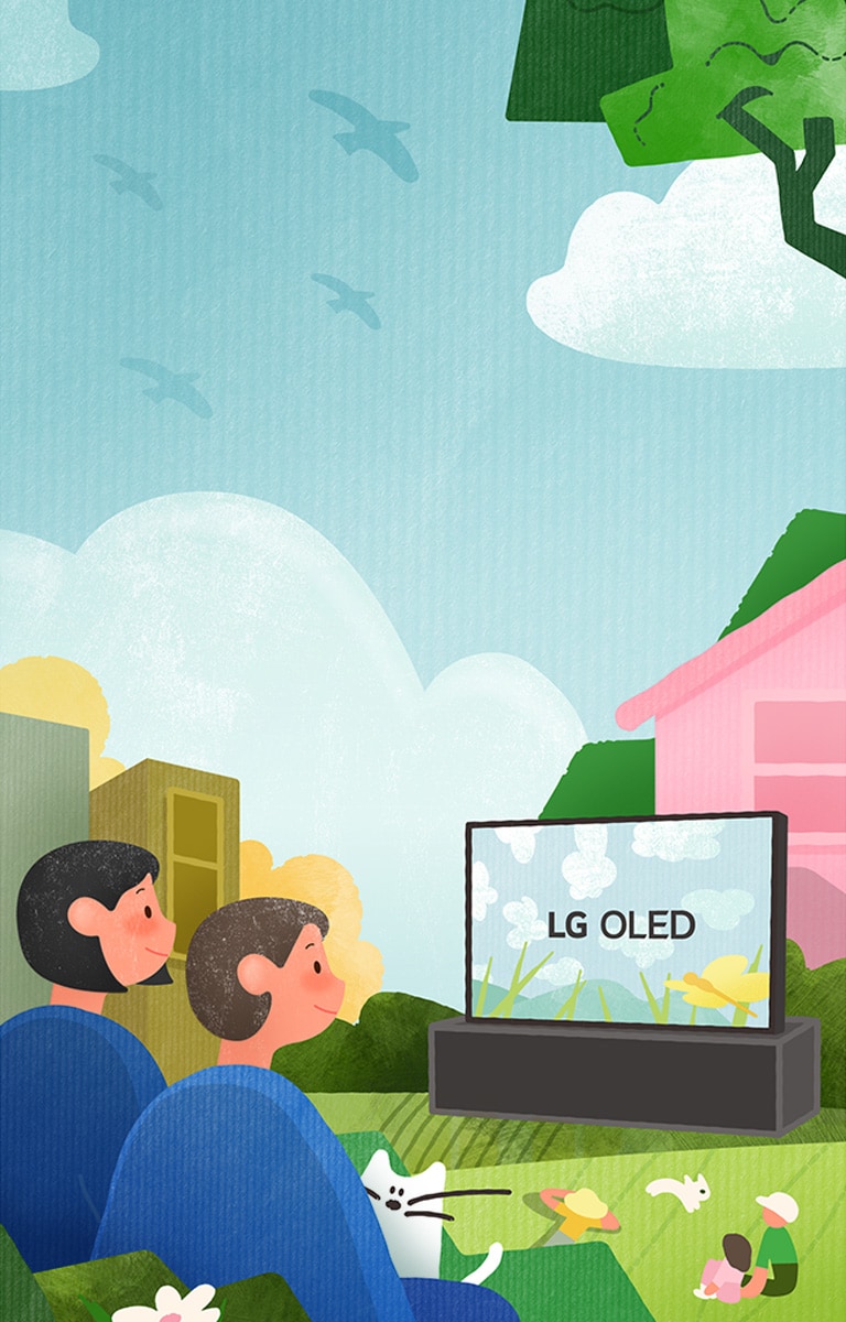 Иллюстрация с людьми, смотрящими телевизор LG OLED в пышном природном зеленом пространстве с цветами, птицами и видом на океан.