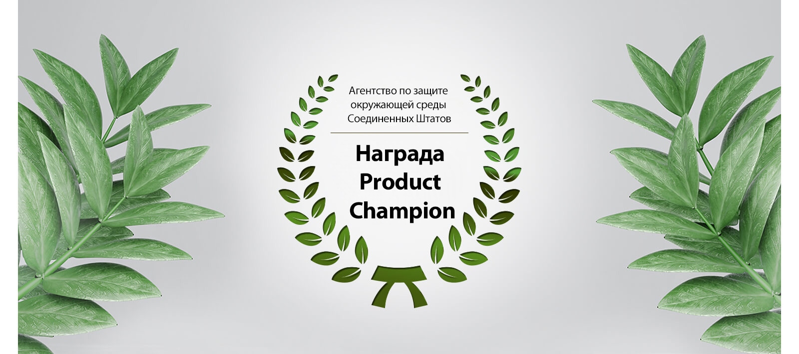 Вокруг текста «Награда Product Champion от EPA» показан зеленый лавровый венок. С обеих сторон изображения размещены зеленые листья.