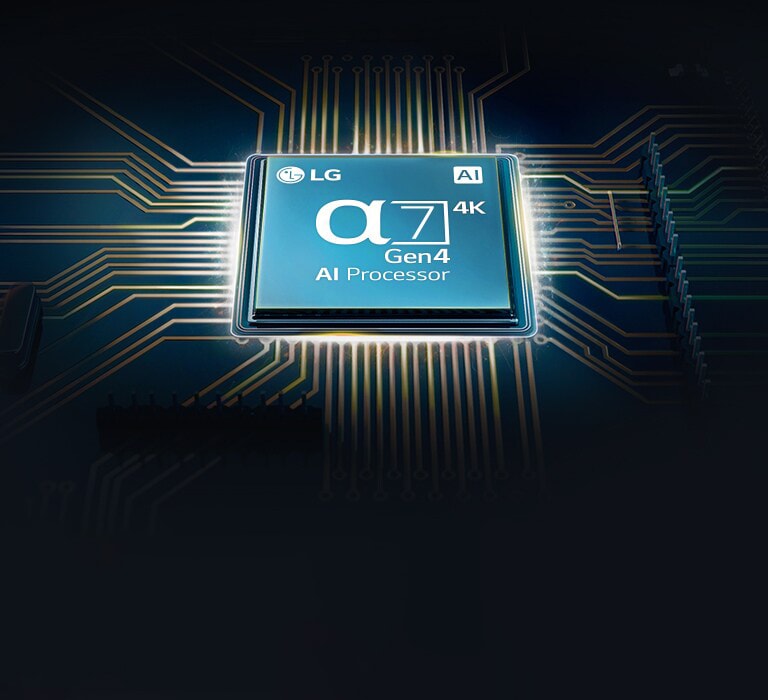 Изображение квадратного чипа Alpha 7 на черном фоне с исходящими от него светящимися линиями.