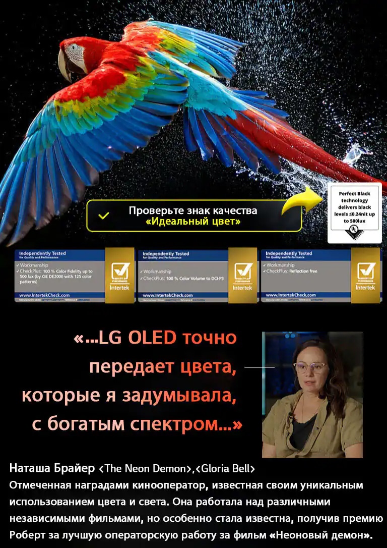 Красочный попугай в ультравысоком разрешении на черном фоне. Вокруг него в воздухе зависли капли воды. Изображение демонстрирует технологию «Идеальный цвет», подчеркивая красоту и яркость каждого оттенка цвета попугая. Темный фон с четкими деталями капель воды также делает акцент на экране с антибликовым покрытием. Представлены различные сертификаты логотипов UL и Intertek. Они указывают на 100% точность цветопередачи, 100% цветовой объем и защиту от бликов. Также виден текст: «Проверьте знак качества «Идеальный цвет».