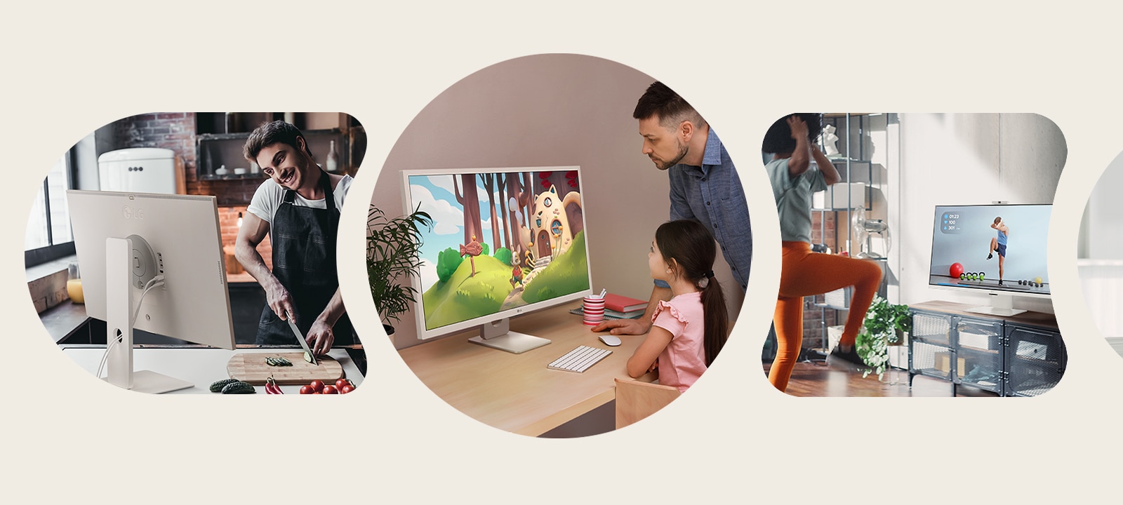 Разнообразные сцены использования монитора LG MyView Smart Monitor, который легко вписывается в различные пространства, такие как рабочие столы, кухни, гостиные и спальни.