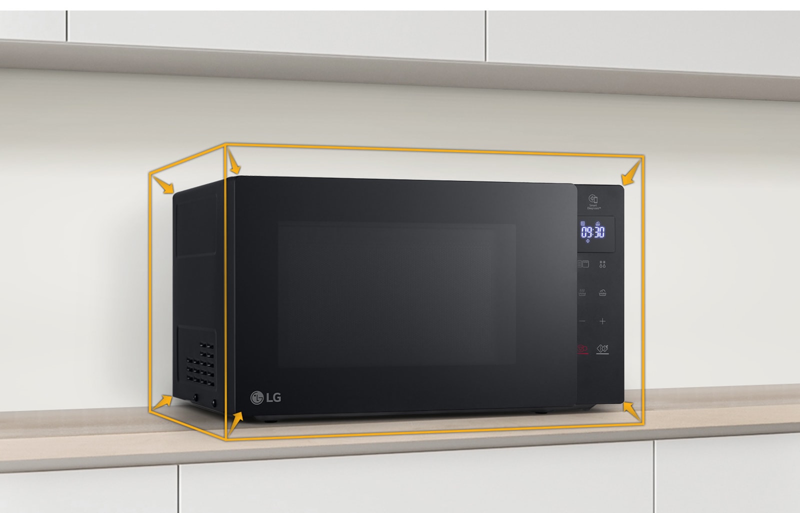 Вокруг продукта изображена графика, состоящая из линий, отображающих более компактные габариты продукта.