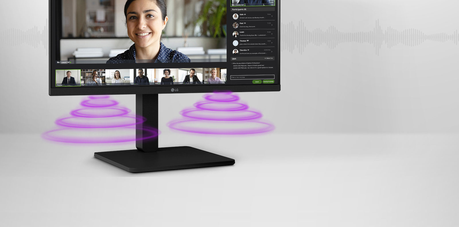 Вид сбоку, показывающий сцену видеоконференции на мониторе.	