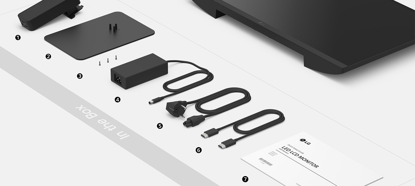 Основание подставки, винты, переходник, сетевой шнур и кабель HDMI и Руководство по настройке в коробке.