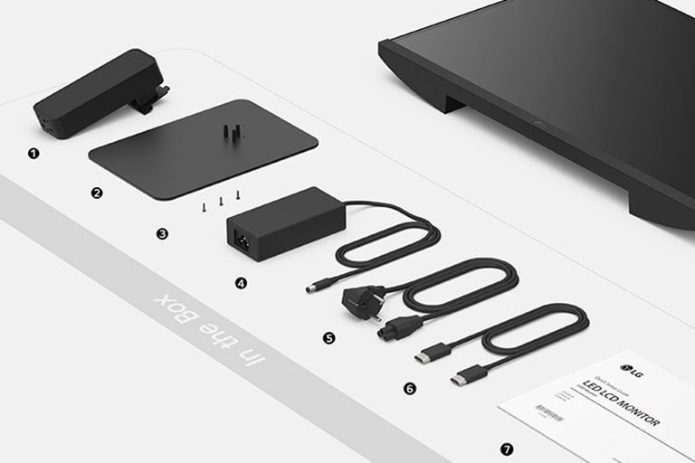 Основание подставки, винты, переходник, сетевой шнур и кабель HDMI и Руководство по настройке в коробке.