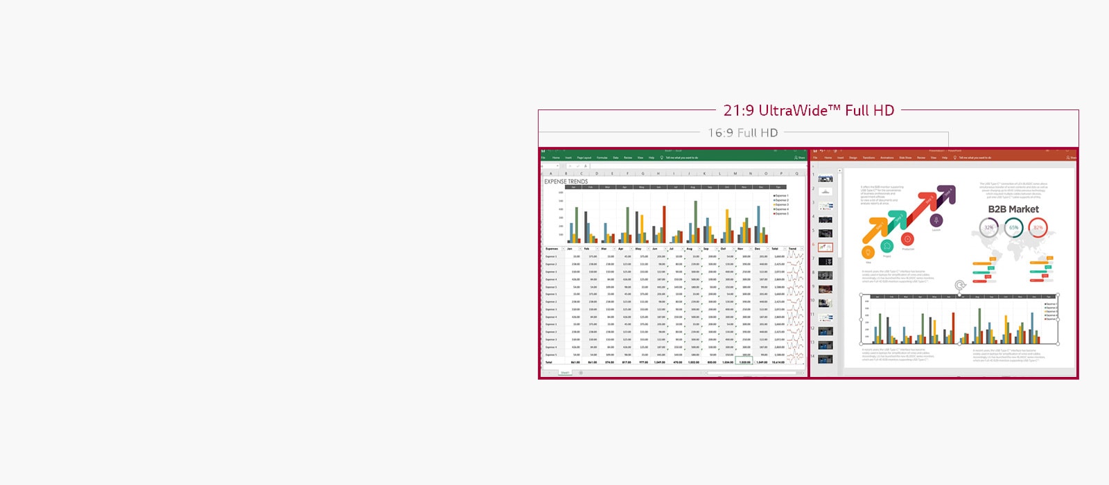 Изображение таблицы с данными и расположенными рядом слайдами на экране 21:9 UltraWide Full HD — на экране 16:9 Full HD для всей этой информации места недостаточно.