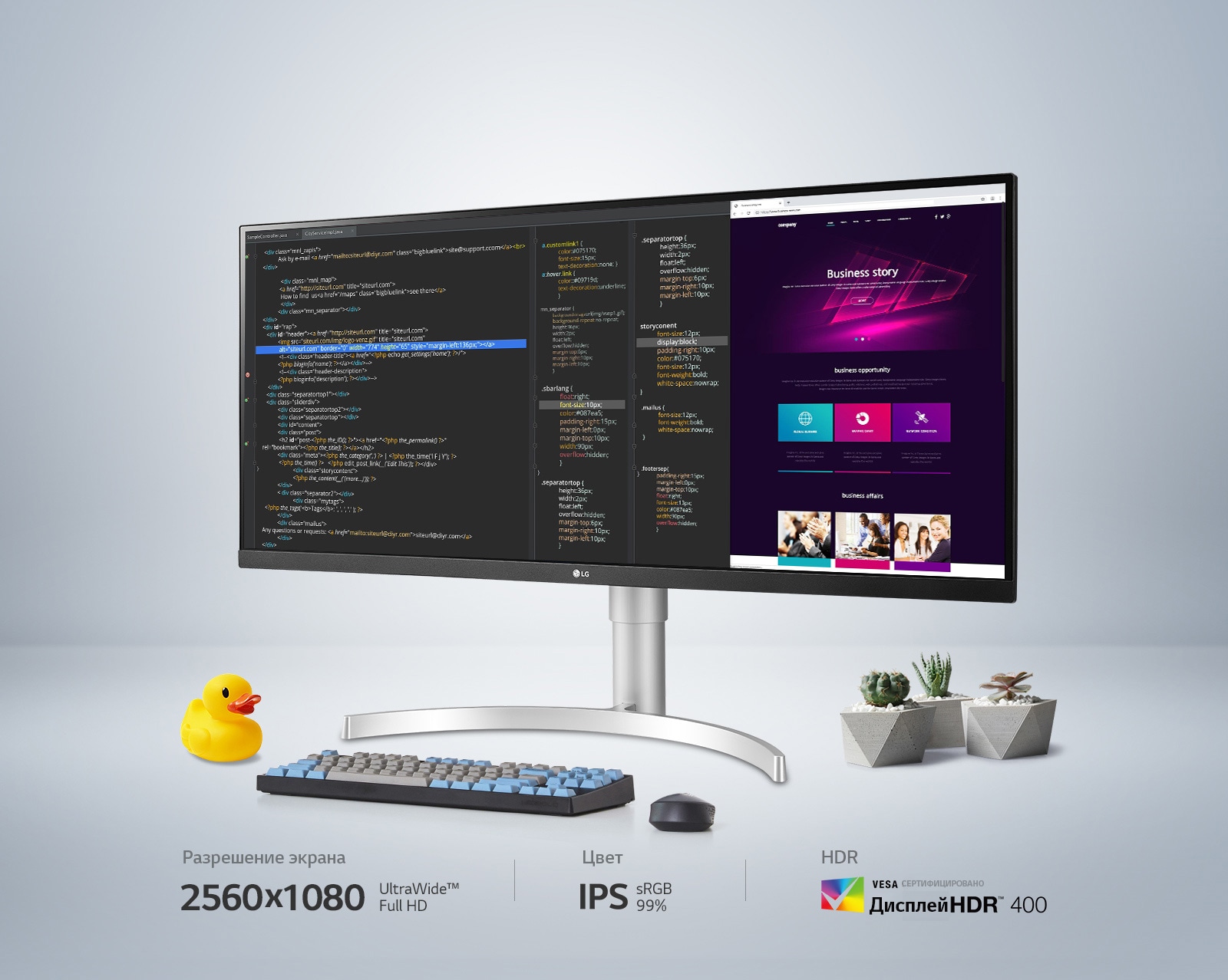 "Screen Space : 2560x1080 / UltraWide™ Full HD Color : IPS / sRGB 99% HDR : VESA CERTIFIED / DisplayHDR™ 400"