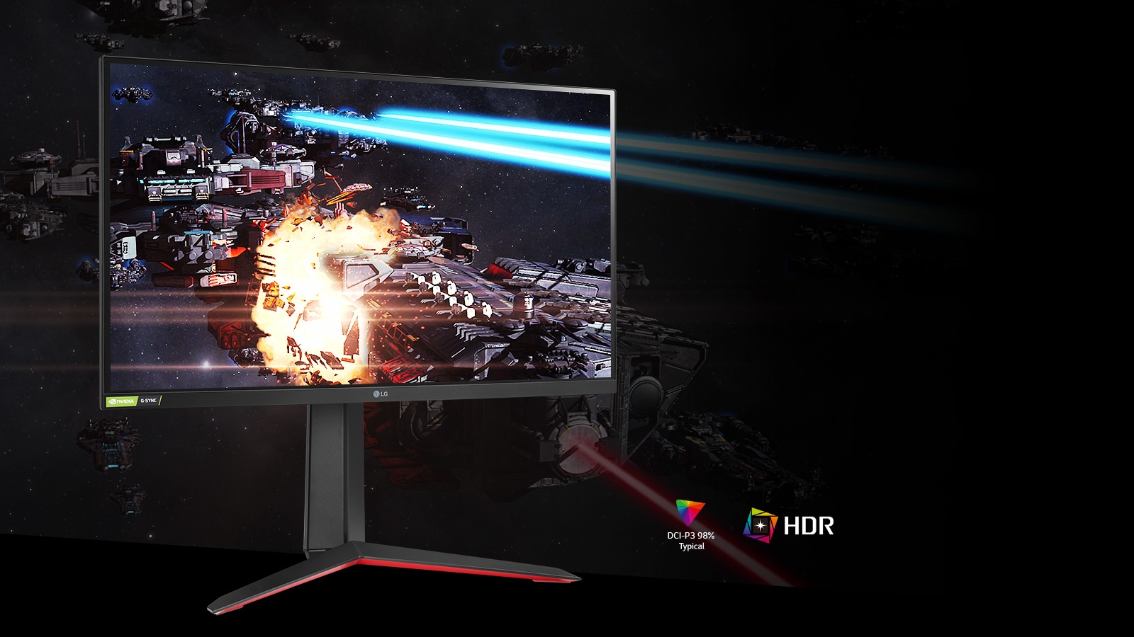 Игровая сцена с насыщенными цветами и контрастом на мониторе с поддержкой HDR10 и DCI-P3 98% (тип.).