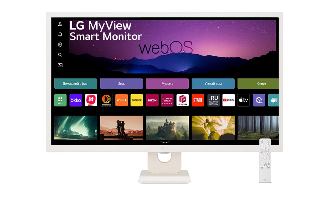 LG Монитор 32'' MyView Full HD IPS Smart Monitor LG 32SR50F-W | webOS, вид спереди с пультом дистанционного управления, 32SR50F-W