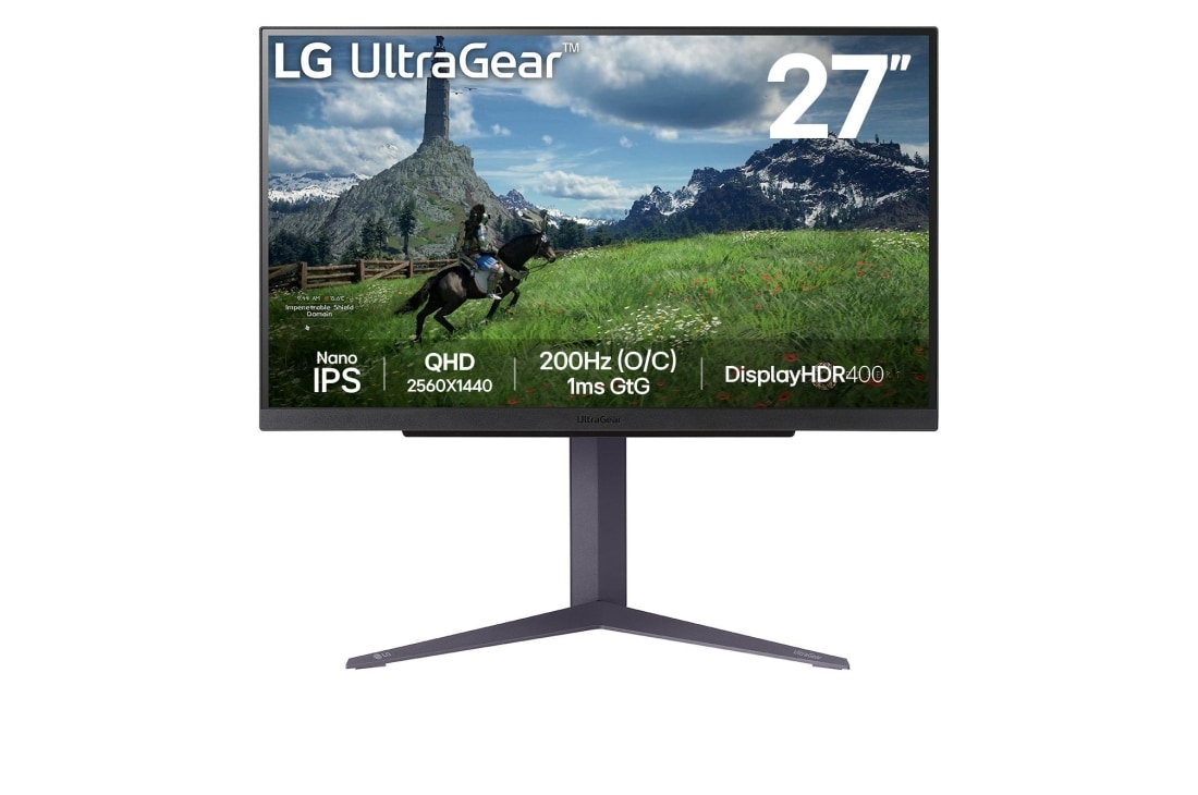 LG 27-дюймовый игровой монитор UltraGear™ QHD Nano IPS 180Hz (разгон до 200Hz) | 1ms (GtG), DisplayHDR™ 400, вид спереди, 27GS85Q-B