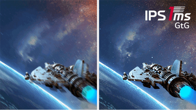 Показано сравнение двух анимаций истребителя. Две анимации выглядят одинаково, но первая без применения 1ms&nbsp;(GtG) не такая четкая, как другая.	