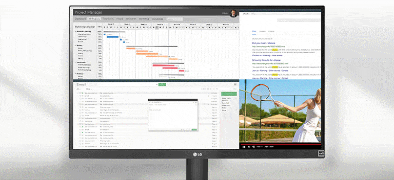 На этом экране UltraWide™ Full HD (2560 x 1080) можно увидеть и сделать больше. Благодаря увеличению экранного пространства на 33% по ширине, если сравнивать с дисплеем с разрешением FHD (1920 x 1080), вы можете эффективно работать в режиме многозадачности, не переключаясь между программами.