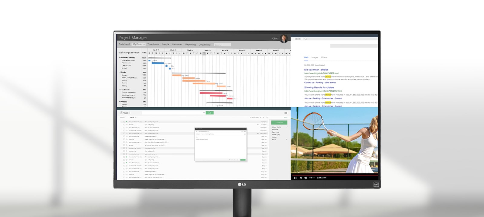 На анимации показано, что благодаря соотношению сторон 21:9 на экране можно видеть сразу несколько программ.	