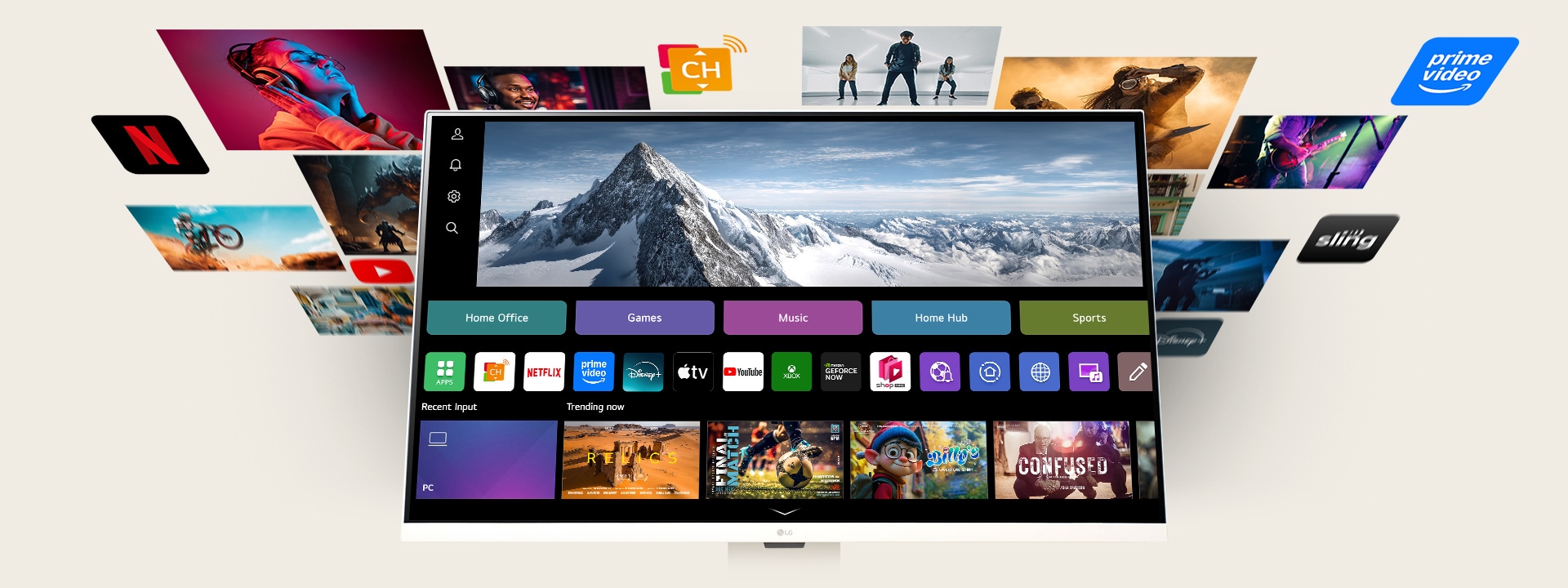 Фото, демонстрирующее разнообразный контент в webOS.
