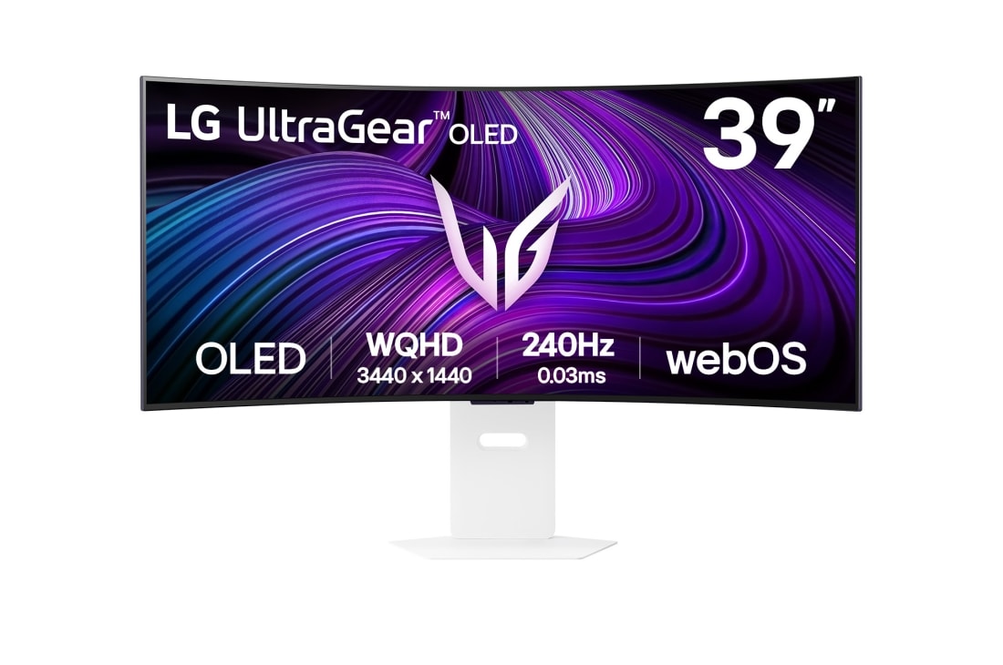 LG 39-дюймовый изогнутый игровой смарт-монитор LG UltraGear™ OLED 240Hz WQHD | webOS 0.03ms (GtG), 240Hz, DisplayHDR True Black 400, вид спереди, 39GX90SA-W