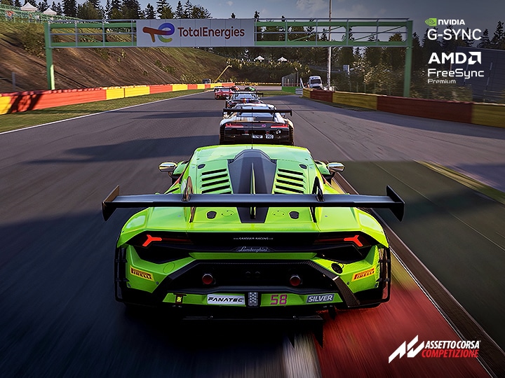 Сцена гонок из игры Assetto Corsa Competizione, отображаемая на мониторе UltraGear™ 32G620B, с поддержкой NVIDIA G-SYNC и AMD FreeSync Premium.