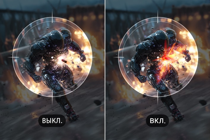 Сравнение геймплея с выключенной и включенной функцией Dynamic Action Sync, подчеркивающее уменьшенную задержку ввода на мониторе UltraGear™ 32G620B.