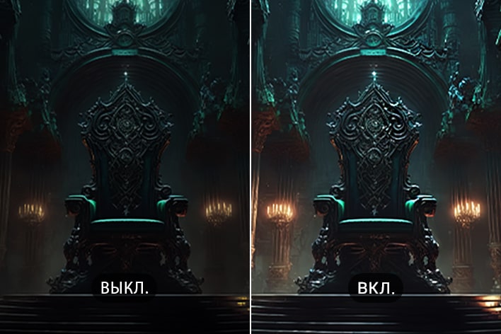 Сравнение геймплея с выключенной и включенной функцией Black Stabilizer, показывающее улучшенную видимость в темных сценах на мониторе UltraGear™ 32G620B.