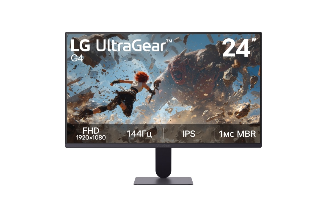 LG Игровой монитор 24’’ LG UltraGear™ G4, 144Гц FHD | 24G414B-B, This image shows the front view of the LG UltraGear G4 24-inch gaming monitor, featuring IPS display with FHD (1920×1080) resolution, a 144Hz refresh rate, and 1ms MBR, emphasizing fast performance an, 24G414B-B, thumbnail 2