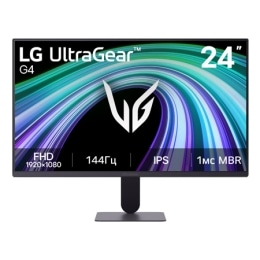 This image shows the front view of the LG UltraGear G4 24-inch gaming monitor, featuring IPS display with FHD (1920×1080) resolution, a 144Hz refresh rate, and 1ms MBR, emphasizing fast performance an