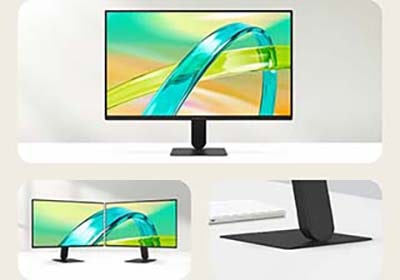 Монитор LG FHD с трехсторонним практически безрамочным дисплеем и тонким основанием подставки представлен спереди и в конфигурации с двумя мониторами для создания чистого минималистичного рабочего пространства.
