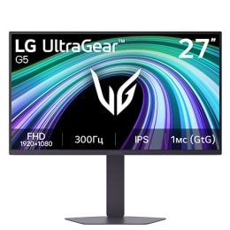 На этом изображении показан вид спереди 27-дюймового игрового монитора LG UltraGear G5 с IPS-дисплеем с разрешением FHD (1920×1080), частотой обновления 300&nbsp;Гц и временем отклика 1&nbsp;мс (серый к серому)2