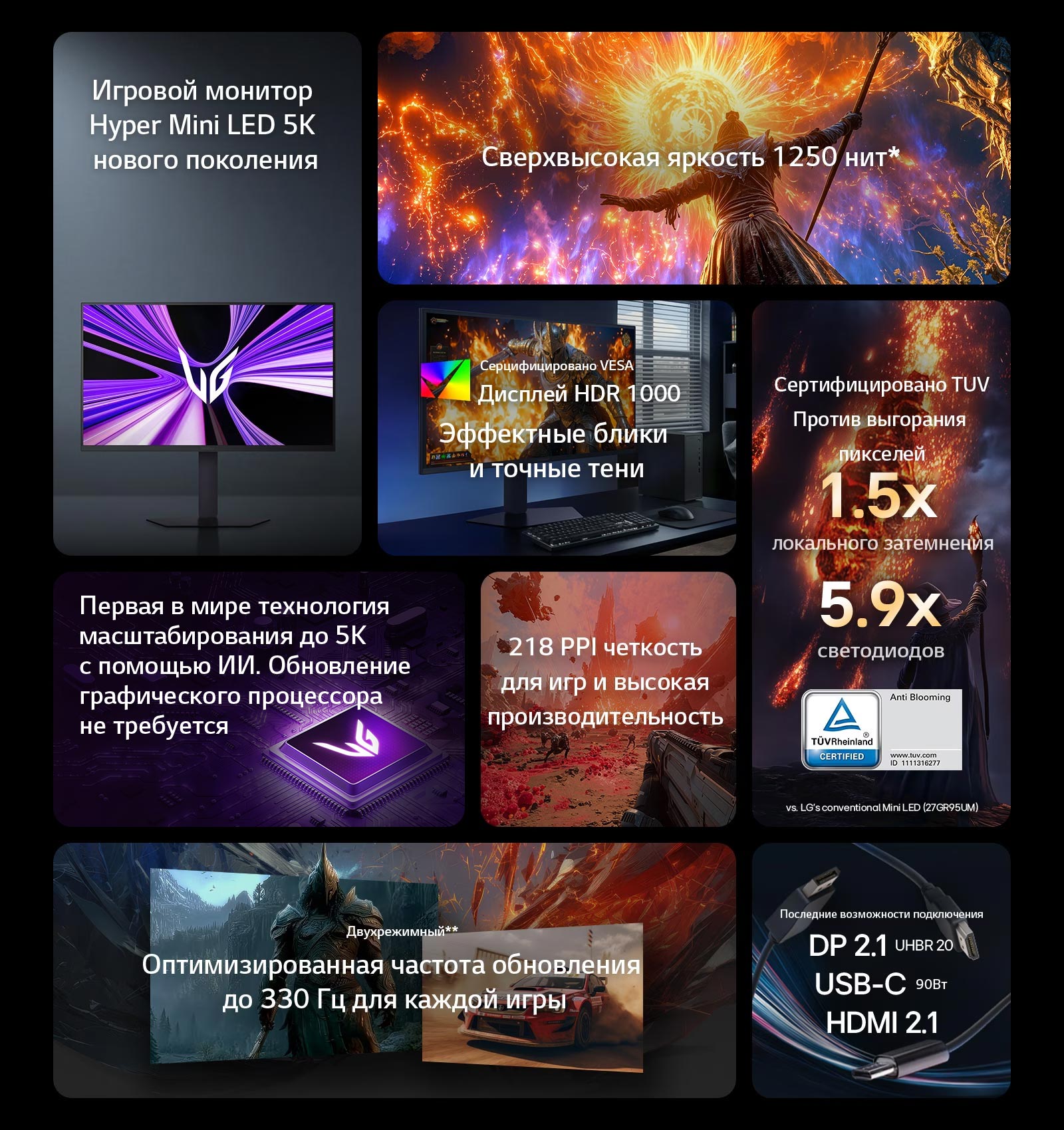 UltraGear 27-inch Mini LED 5K gaming monitor (27GM950B) with AI upscaling, Blooming-free, 1250nits, 218 PPI, Dual-Mode up to 330Hz, HDR 1000