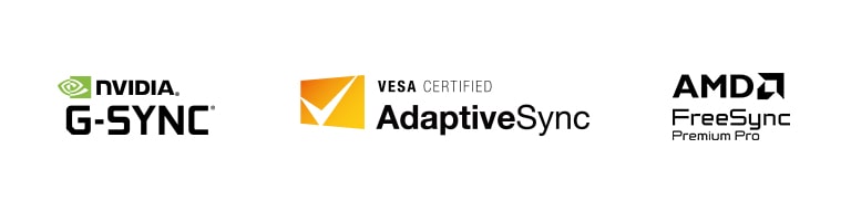 Логотипы NVIDIA G-SYNC, VESA AdaptiveSync и AMD FreeSync Premium Pro.