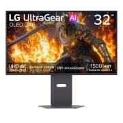 LG 32-дюймовый LG UltraGear evo GX8, первый в мире 32'' игровой монитор 4K OLED с ИИ-масштабированием, Вид спереди на 32-дюймовый UltraGear evo GX8, первый в мире игровой монитор 32" 4K OLED с ИИ-масштабированием (32GX870B), демонстрирующий игровую графику, 32GX870B-B, thumbnail 2
