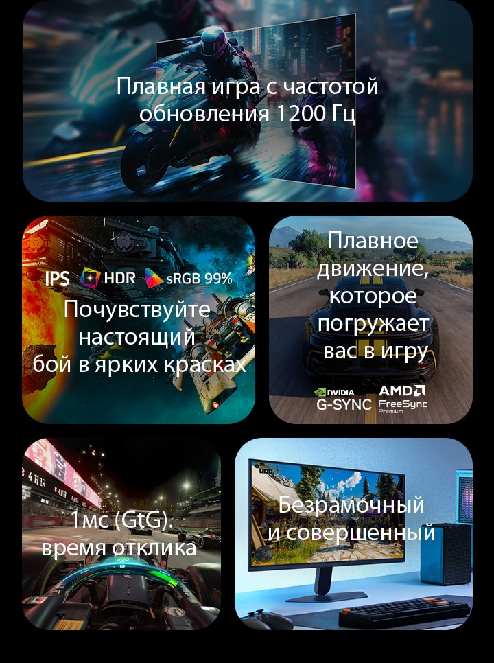 На этом изображении представлены ключевые особенности игрового монитора LG, включая частоту обновления 200 Гц для плавности движений, дисплей IPS с поддержкой HDR и 99% охватом цветового пространства sRGB для яркого изображения, плавный игровой процесс с поддержкой NVIDIA G-SYNC и AMD FreeSync Premium, время отклика 1 мс (серый к серому) для динамичных игр и практически безрамочный дизайн для эффекта погружения.