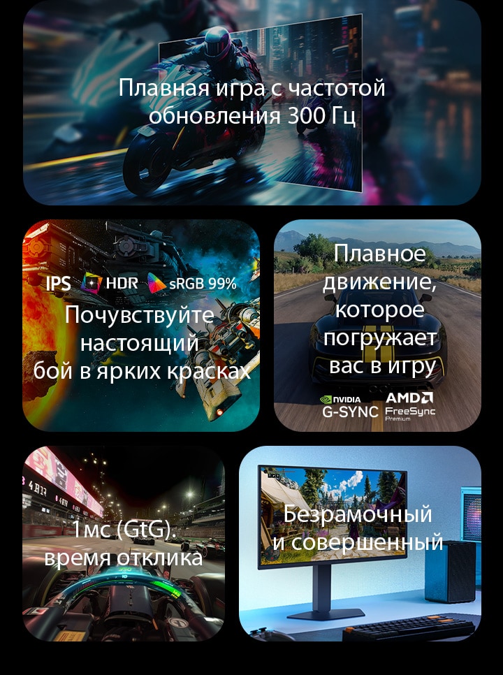 На этом изображении представлены ключевые особенности игрового монитора LG, включая частоту обновления 300 Гц для плавности движений, дисплей IPS с поддержкой HDR и 99% охватом цветового пространства sRGB для яркого изображения, плавный игровой процесс с поддержкой NVIDIA G-SYNC и AMD FreeSync Premium, время отклика 1 мс (серый к серому) для динамичных игр и практически безрамочный дизайн для эффекта погружения.	