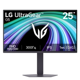 На этом изображении показан вид спереди 25-дюймового игрового монитора LG UltraGear G5 с IPS-дисплеем с разрешением FHD (1920×1080), частотой обновления 300&nbsp;Гц и временем отклика 1&nbsp;мс (серый к серому)