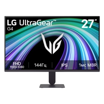 На этом изображении показан вид спереди 27-дюймового игрового монитора LG UltraGear G4 с IPS-дисплеем и разрешением FHD (1920×1080), частотой обновления 144&nbsp;Гц и 1&nbsp;мс MBR (уменьшение размытия движений1