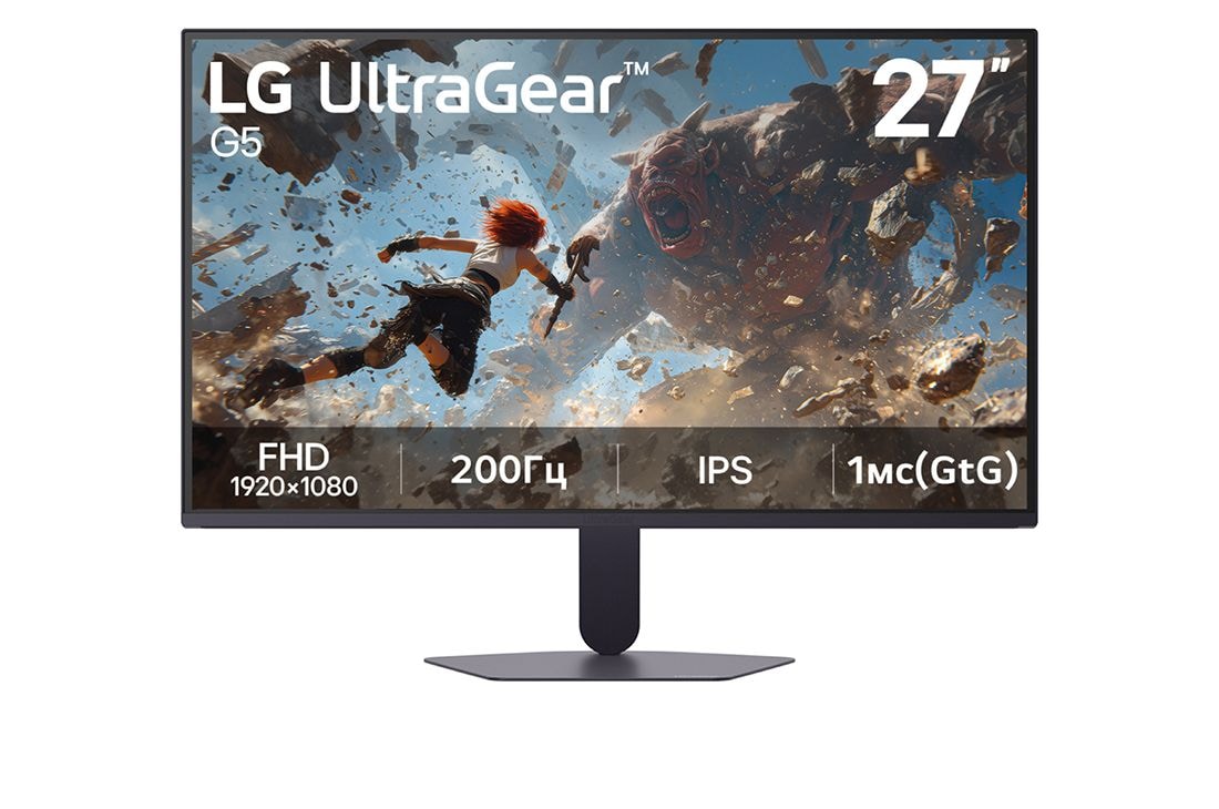 LG 27’’ игровой монитор LG UltraGear™ G5 с частотой 200&nbsp;Гц и разрешением FHD, Вид спереди на 27-дюймовый игровой монитор LG UltraGear G5 с дисплеем IPS, разрешением FHD (1920×1080), частотой обновления 200 Гц и временем отклика 1 мс (серый к серому), на котором отображается игр, 27G523B-B, thumbnail 2
