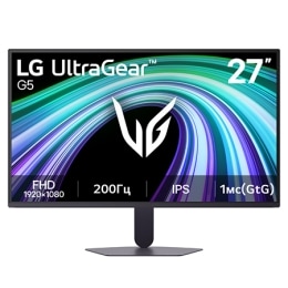 На этом изображении показан вид спереди 27-дюймового игрового монитора LG UltraGear G5 с IPS-дисплеем с разрешением FHD (1920×1080), частотой обновления 200&nbsp;Гц и временем отклика 1&nbsp;мс (серый к серому)2
