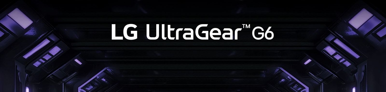 Логотип UltraGear™ G6 в футуристической комнате с неоновым освещением.	